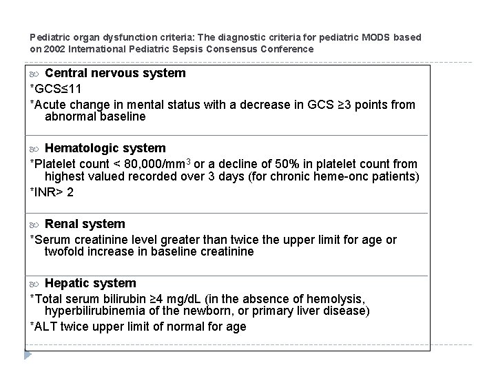 Pediatric organ dysfunction criteria: The diagnostic criteria for pediatric MODS based on 2002 International