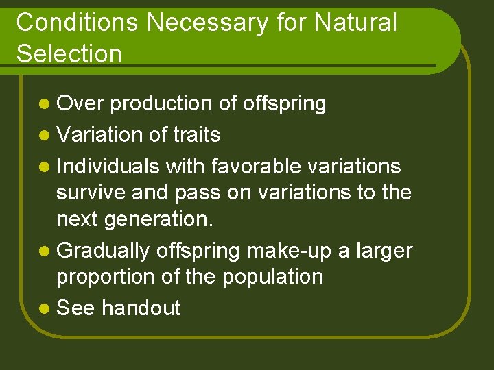 Conditions Necessary for Natural Selection l Over production of offspring l Variation of traits