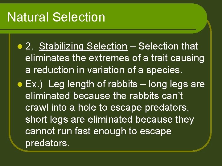 Natural Selection l 2. Stabilizing Selection – Selection that eliminates the extremes of a