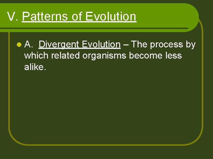 V. Patterns of Evolution l A. Divergent Evolution – The process by which related