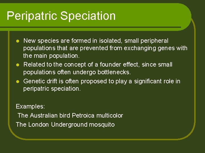 Peripatric Speciation New species are formed in isolated, small peripheral populations that are prevented