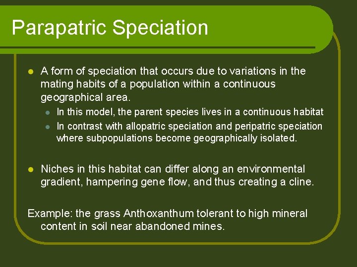 Parapatric Speciation l A form of speciation that occurs due to variations in the