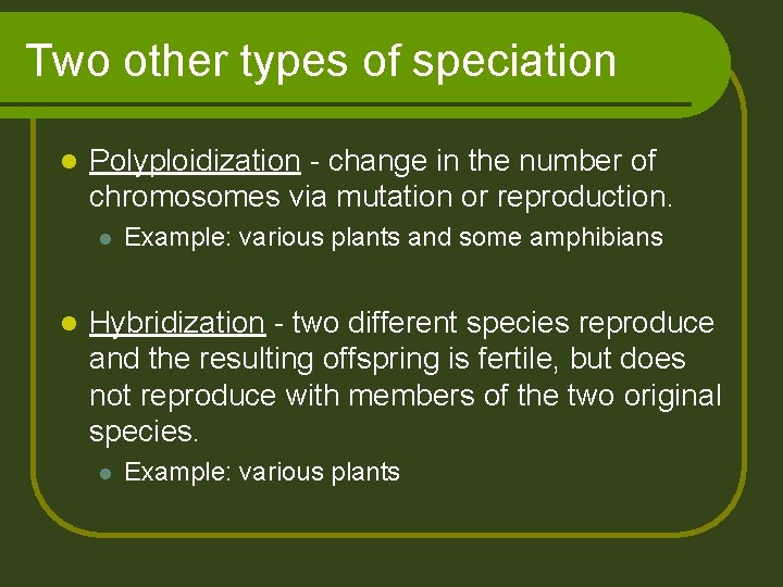 Two other types of speciation l Polyploidization - change in the number of chromosomes
