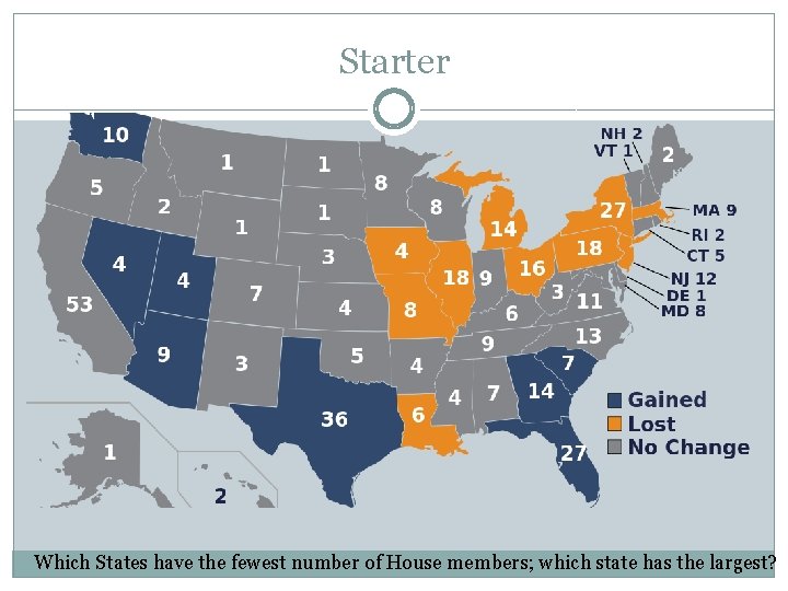 Starter Which States have the fewest number of House members; which state has the