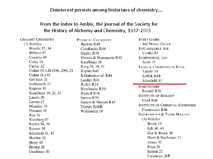 Disinterest persists among historians of chemistry…. From the index to Ambix, the journal of