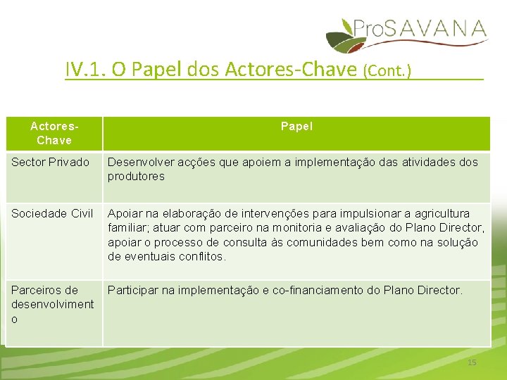 IV. 1. O Papel dos Actores-Chave (Cont. ) Actores. Chave Papel Sector Privado Desenvolver