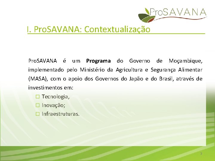 I. Pro. SAVANA: Contextualização Pro. SAVANA é um Programa do Governo de Moçambique, implementado