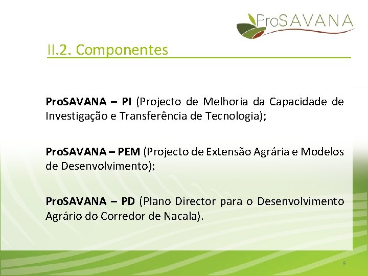 II. 2. Componentes Pro. SAVANA – PI (Projecto de Melhoria da Capacidade de Investigação