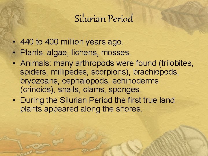 Silurian Period • 440 to 400 million years ago. • Plants: algae, lichens, mosses.