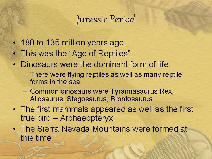 Jurassic Period • 180 to 135 million years ago. • This was the “Age