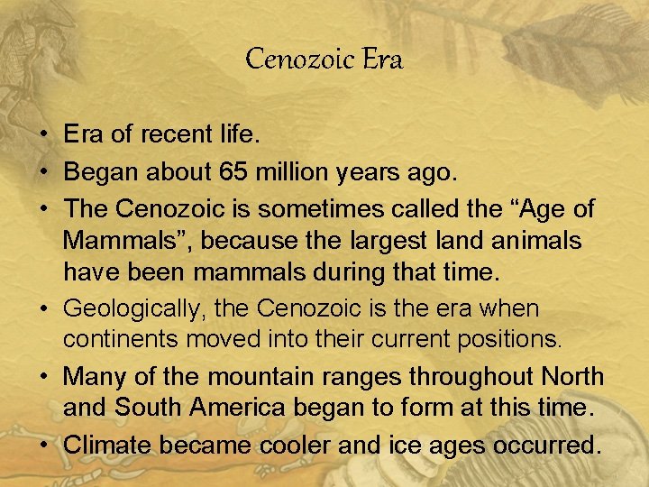 Cenozoic Era • Era of recent life. • Began about 65 million years ago.