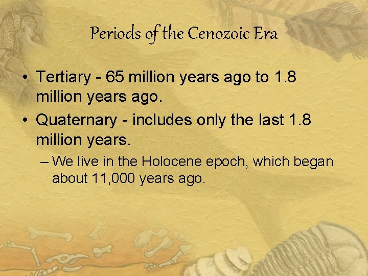 Periods of the Cenozoic Era • Tertiary - 65 million years ago to 1.