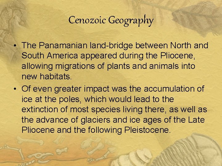 Cenozoic Geography • The Panamanian land-bridge between North and South America appeared during the