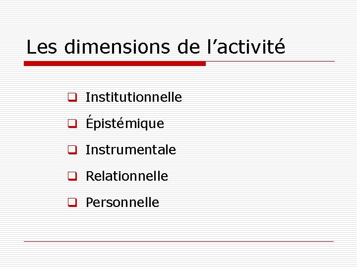 Les dimensions de l’activité q Institutionnelle q Épistémique q Instrumentale q Relationnelle q Personnelle