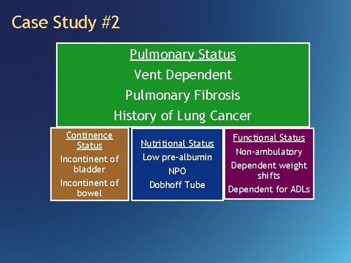 Case Study #2 Pulmonary Status Vent Dependent Pulmonary Fibrosis History of Lung Cancer Continence