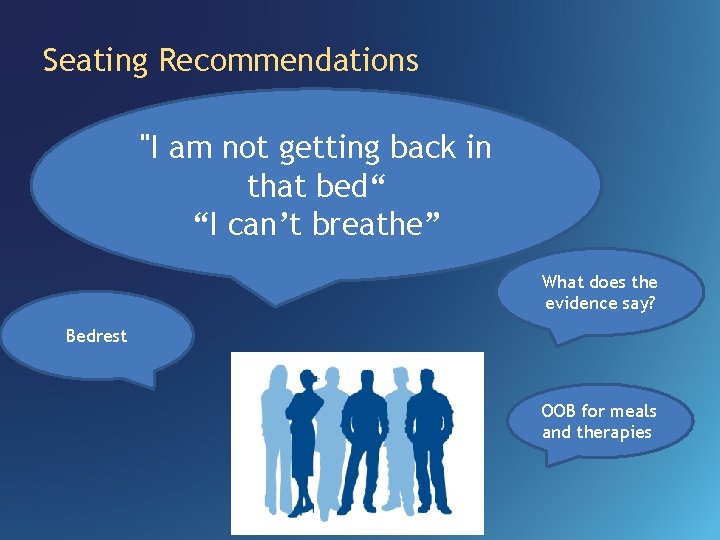 Seating Recommendations "I am not getting back in that bed“ “I can’t breathe” What