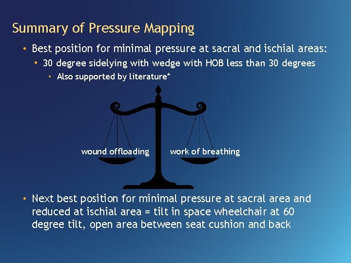 Summary of Pressure Mapping • Best position for minimal pressure at sacral and ischial