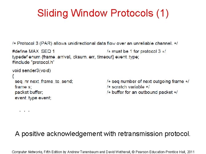 Sliding Window Protocols (1) . . . A positive acknowledgement with retransmission protocol. Computer