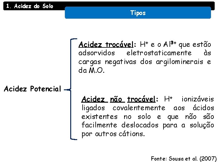 1. Acidez do Solo Tipos Acidez trocável: H+ e o Al 3+ que estão