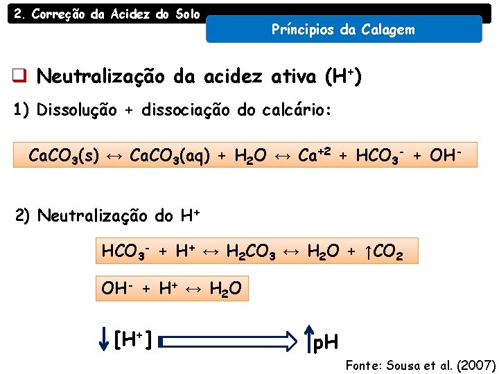 2. Correção da Acidez do Solo Príncipios da Calagem q Neutralização da acidez ativa 2. Correção da Acidez do Solo Príncipios da Calagem q Neutralização da acidez ativa
