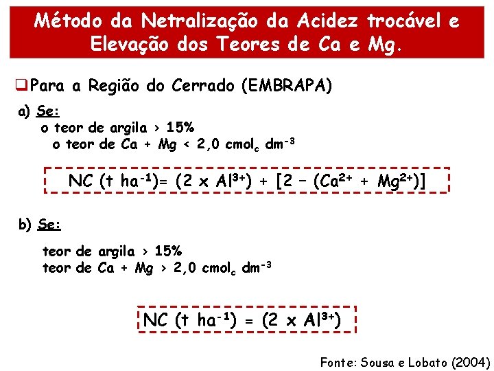 Método da Netralização da Acidez trocável e Elevação dos Teores de Ca e Mg.