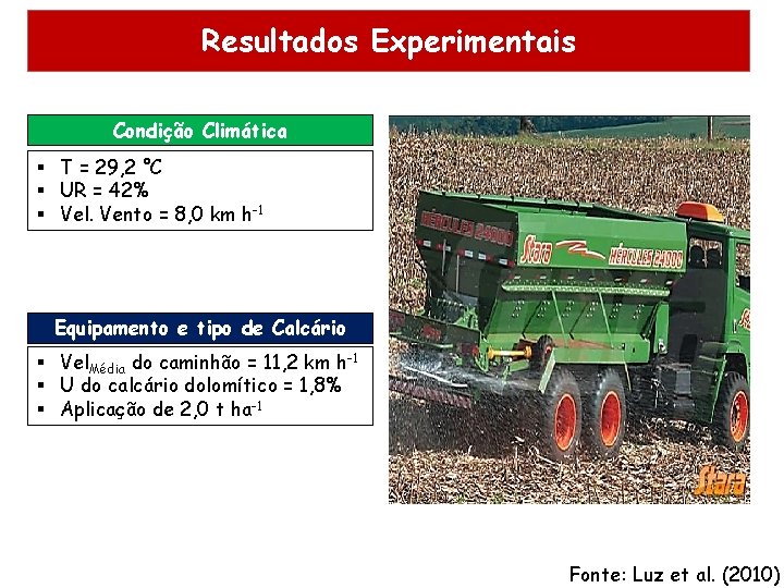 Resultados Experimentais Condição Climática § T = 29, 2 °C § UR = 42%