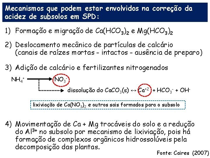 Mecanismos que podem estar envolvidos na correção da acidez de subsolos em SPD: 1) Mecanismos que podem estar envolvidos na correção da acidez de subsolos em SPD: 1)
