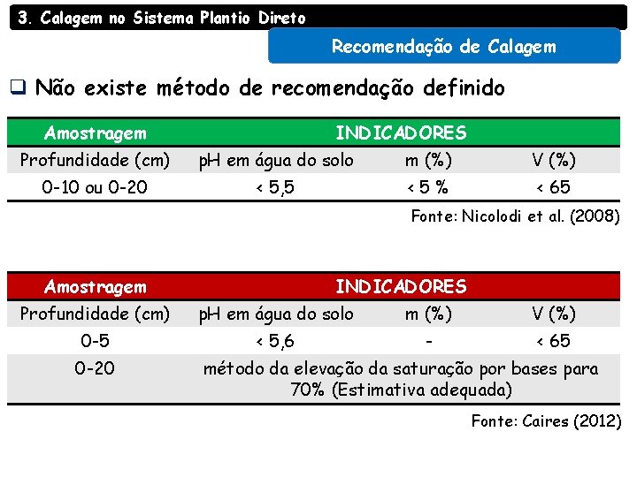 3. Calagem no Sistema Plantio Direto Recomendação de Calagem q Não existe método de