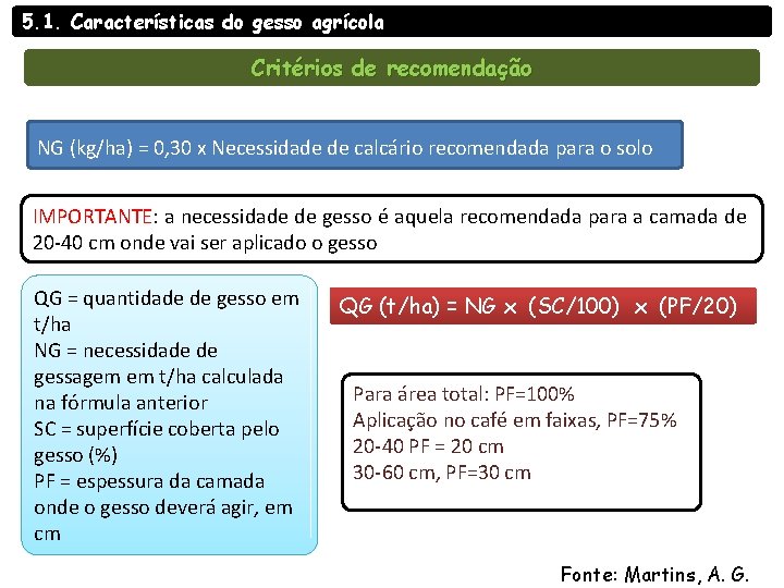 5. 1. Características do gesso agrícola Critérios de recomendação NG (kg/ha) = 0, 30