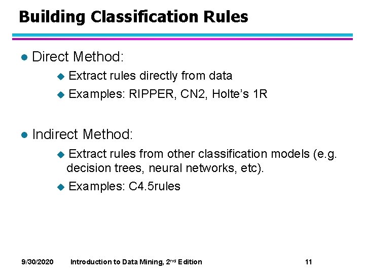 Building Classification Rules l Direct Method: u Extract rules directly from data u Examples: