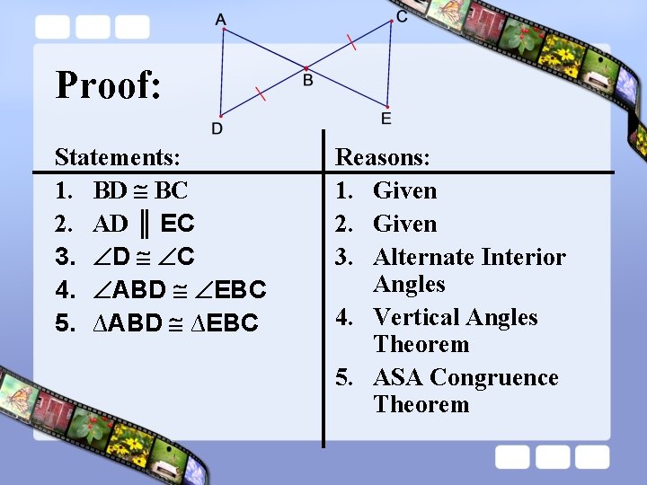 Proof: Statements: 1. BD BC 2. AD ║ EC 3. D C 4. ABD