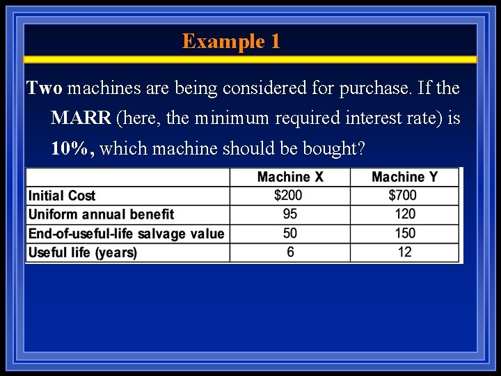 Example 1 Two machines are being considered for purchase. If the MARR (here, the