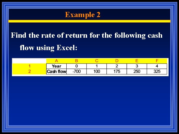 Example 2 Find the rate of return for the following cash flow using Excel: