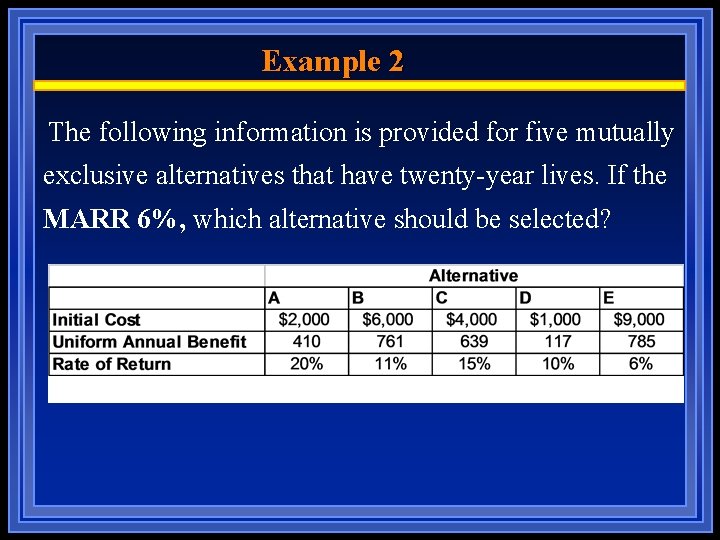 Example 2 The following information is provided for five mutually exclusive alternatives that have