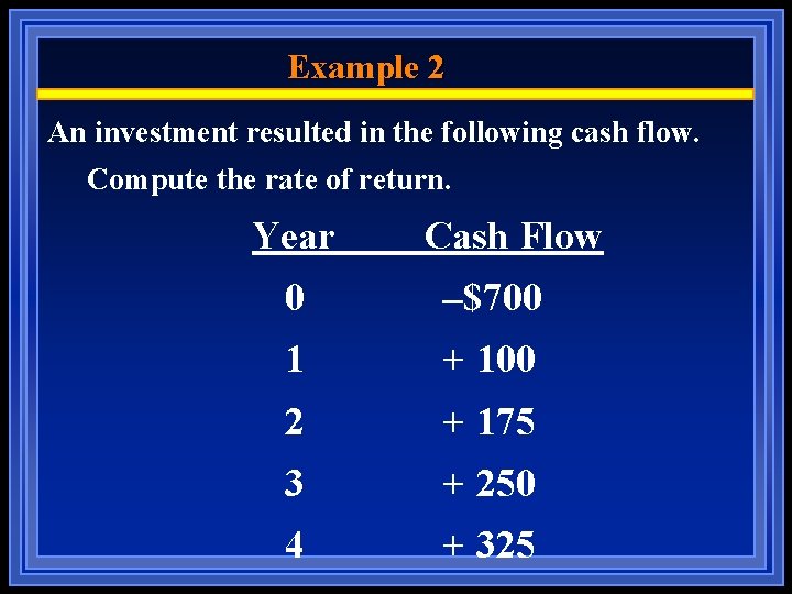 Example 2 An investment resulted in the following cash flow. Compute the rate of