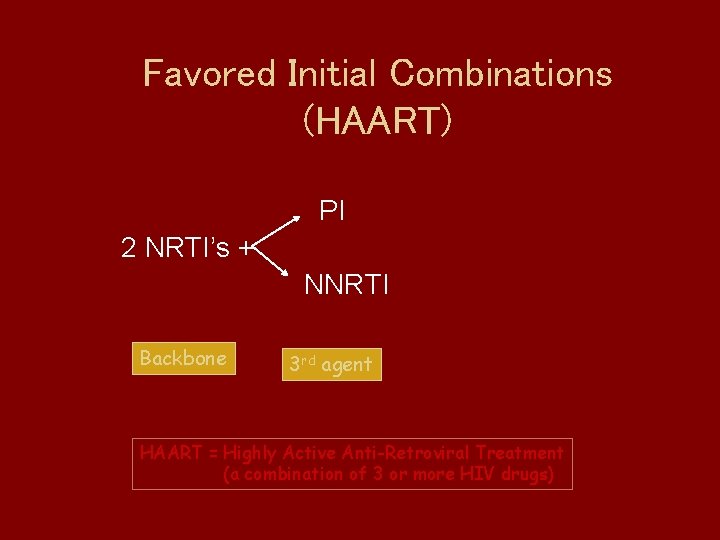 Favored Initial Combinations (HAART) PI 2 NRTI’s + NNRTI Backbone 3 rd agent HAART