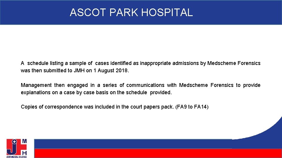 ASCOT PARK HOSPITAL A schedule listing a sample of cases identified as inappropriate admissions ASCOT PARK HOSPITAL A schedule listing a sample of cases identified as inappropriate admissions