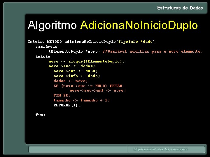 Algoritmo Adiciona. No. Início. Duplo Inteiro MÉTODO adiciona. No. Início. Duplo(Tipo. Info *dado) variáveis