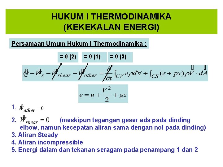 HUKUM I THERMODINAMIKA (KEKEKALAN ENERGI) Persamaan Umum Hukum I Thermodinamika : = 0 (2)