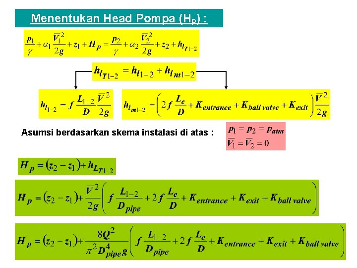 Menentukan Head Pompa (Hp) : Asumsi berdasarkan skema instalasi di atas : 