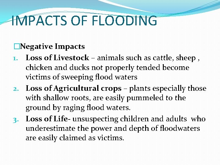IMPACTS OF FLOODING �Negative Impacts 1. Loss of Livestock – animals such as cattle,