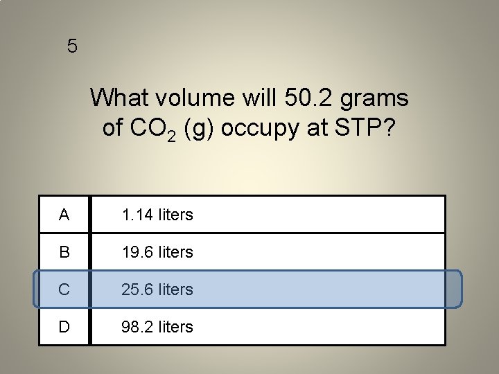 5 What volume will 50. 2 grams of CO 2 (g) occupy at STP?