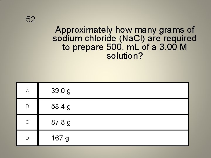 52 Approximately how many grams of sodium chloride (Na. Cl) are required to prepare