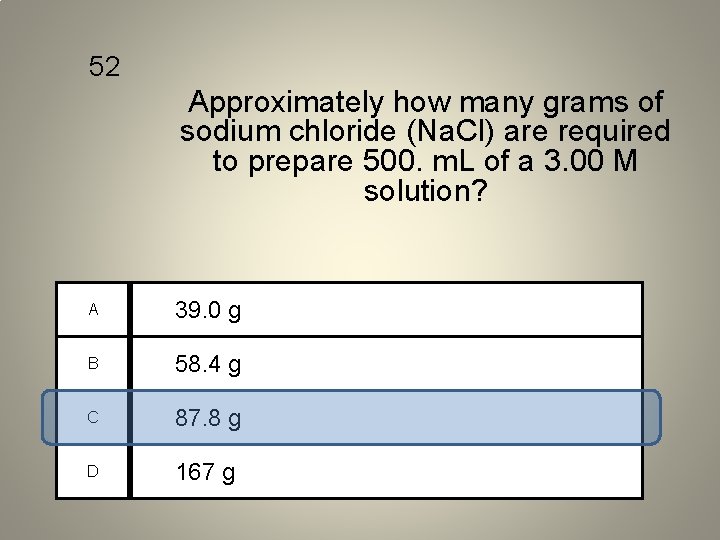 52 Approximately how many grams of sodium chloride (Na. Cl) are required to prepare