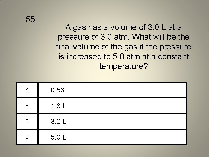 55 A gas has a volume of 3. 0 L at a pressure of