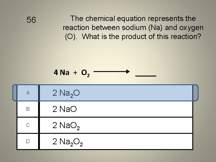 56 The chemical equation represents the reaction between sodium (Na) and oxygen (O). What