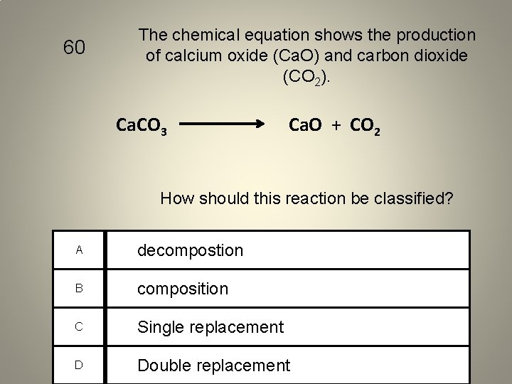 60 The chemical equation shows the production of calcium oxide (Ca. O) and carbon