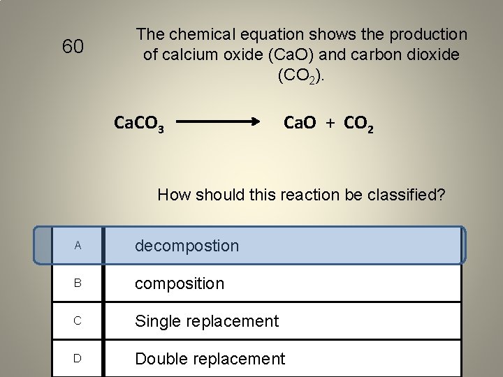 60 The chemical equation shows the production of calcium oxide (Ca. O) and carbon