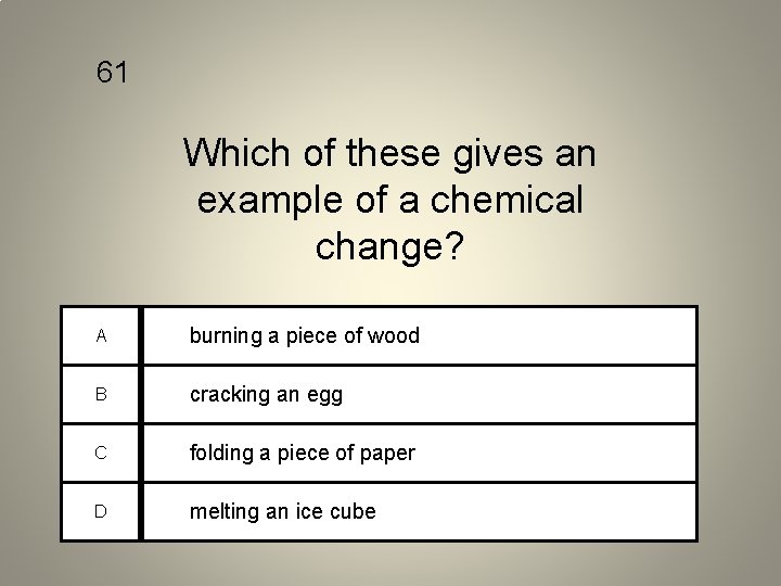 61 Which of these gives an example of a chemical change? A burning a