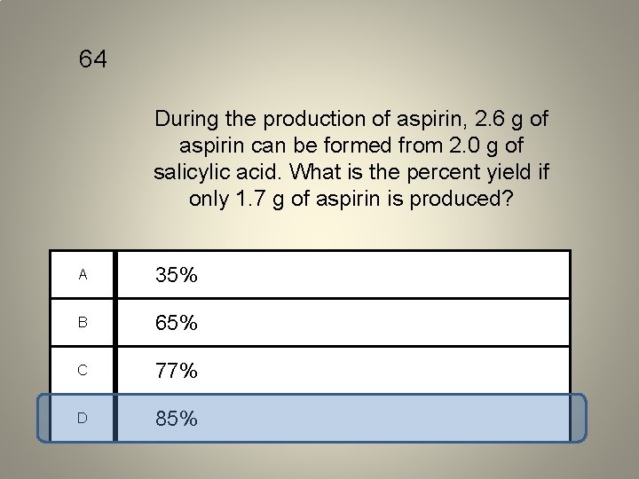 64 During the production of aspirin, 2. 6 g of aspirin can be formed